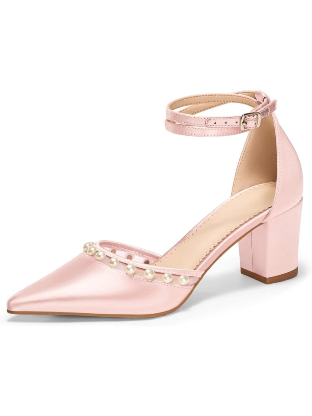 〽️Women's Pink Pearl Chunky Heels Closed Pointed Toe Ankle Strap Shoes